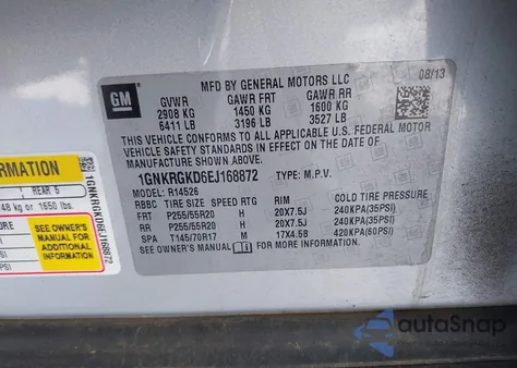 2014 Chevrolet Traverse 1Lt from USA, damaged, VIN 1GNKRGKD6EJ168872